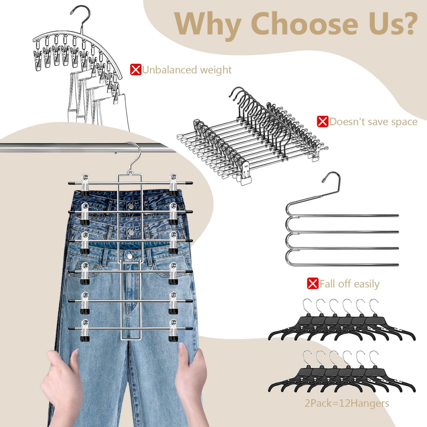 Pants Hangers with Clips,Space Saving Hanging Closet Organizer-6 Tiers Skirt Hangers with 360° Swivel Hook,Closet Organizer-Clothes Hangers- College Dorm Essentials Apartment Essentials-2 Pack