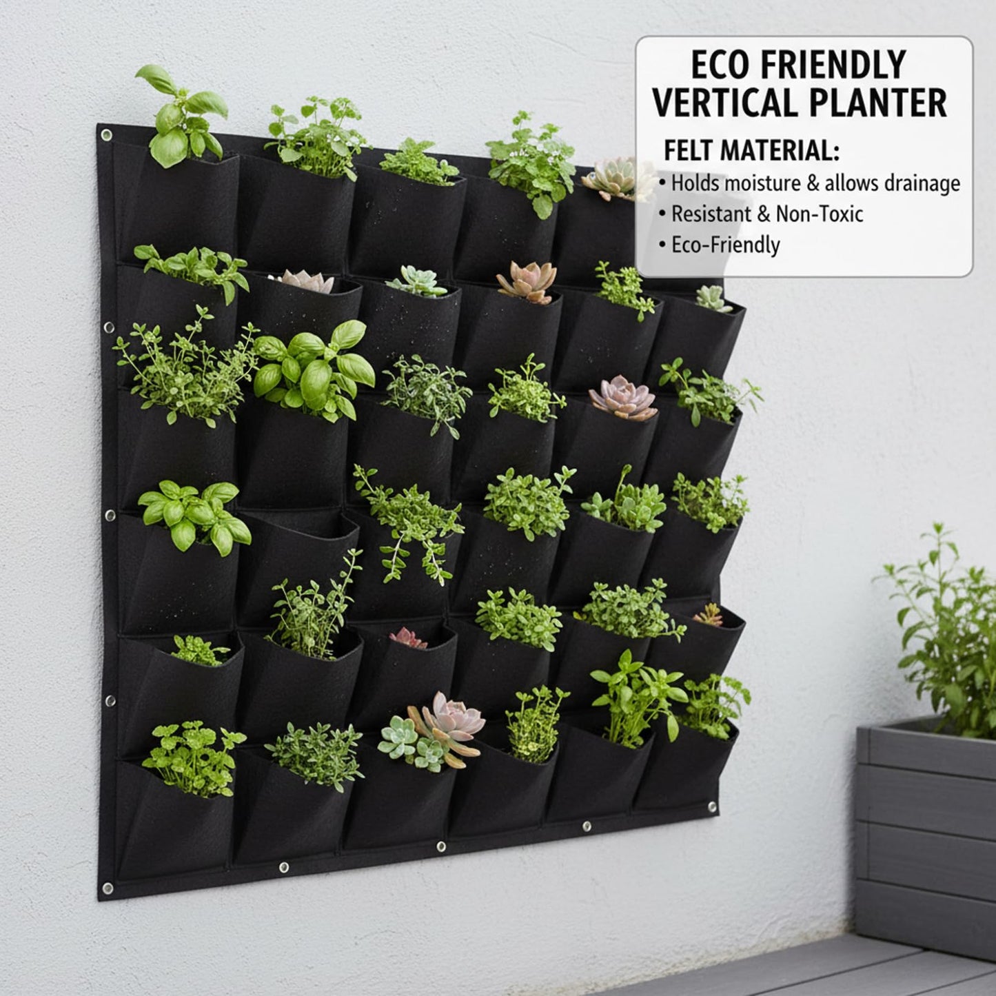 BeVistoso Vertical Garden Planter with 36 Pockets, Living Wall Planter for Indoor Outdoor Use, Thick Non-Woven Fabric Planting Bag (Black, 39.4"x39.4"), Vertical