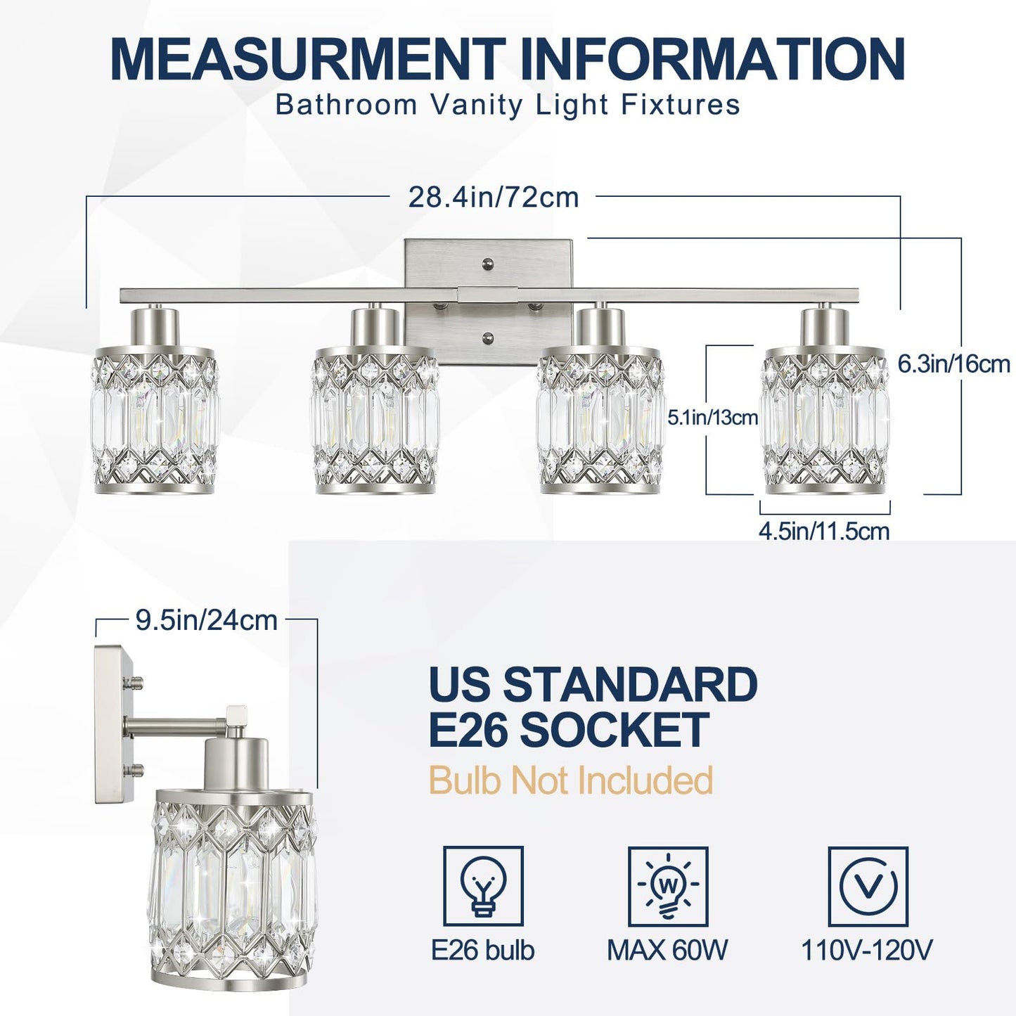 JZEKVN Crystal Modern Bathroom Light Fixtures, 4-Light Brushed Nickel Bathroom Vanity Wall Light, Vanity Lights for Mirror, Restroom, Bedroom (E26 Socket, Bulbs Not Included)