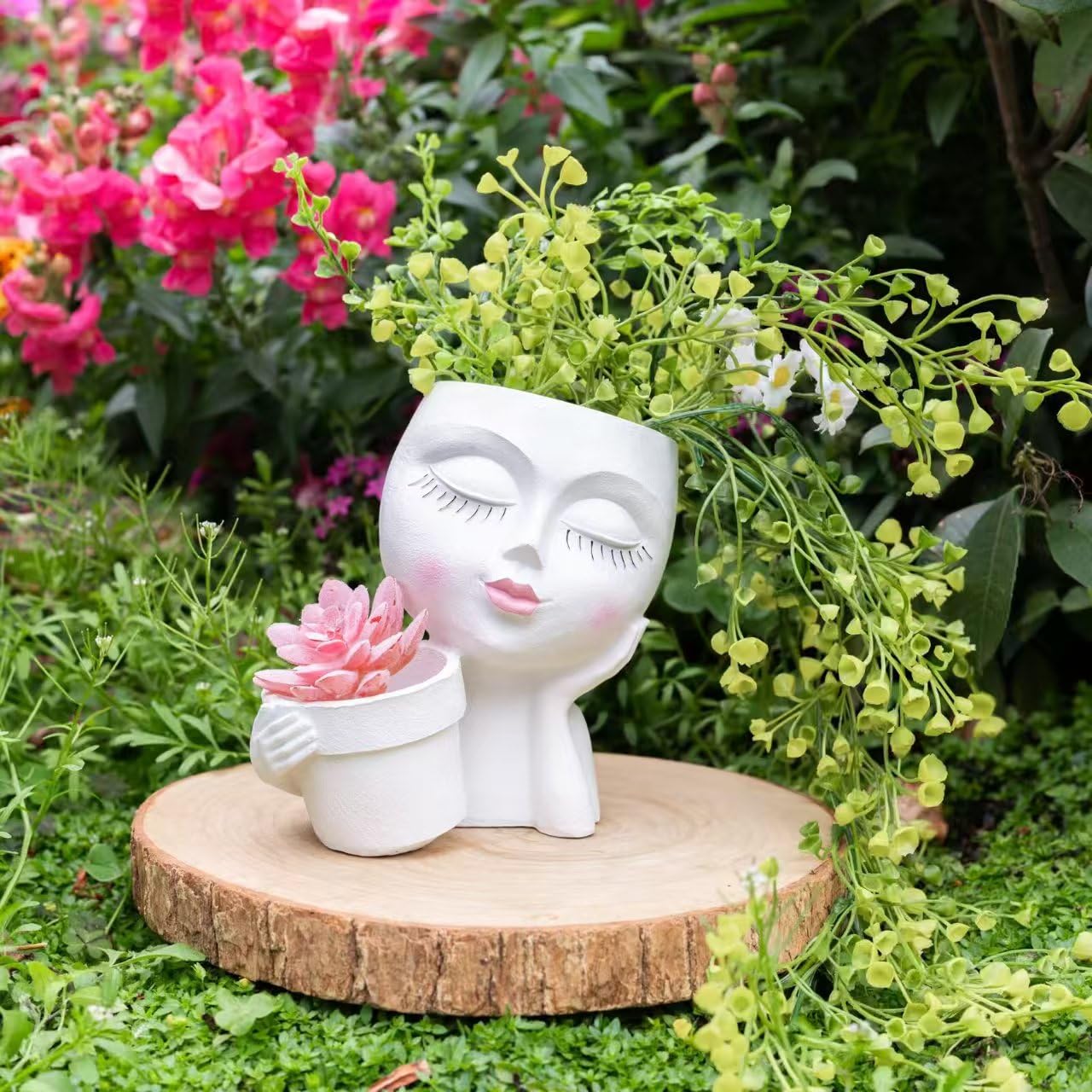Lady Face Planter Pots Head - Double Cute Planters for Indoor Plants, Flower & Succulent with Drainage Holes, Novelty Head Plant Pot for Home Garden Succulents Cactus White