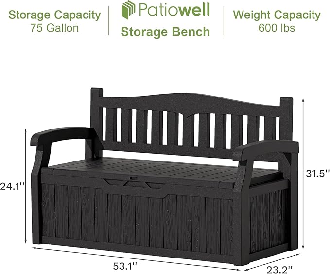 Patiowell 75 Gallon Plastic Storage Bench, Water-Resistant Deck Box for Patio Furniture, Garden Tools, Pool Storage and Outdoor Cushions, Black