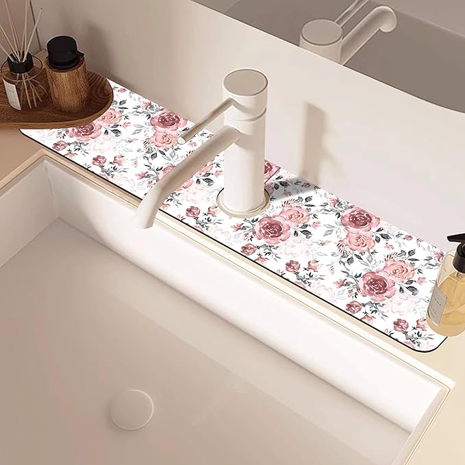 Pink Rose Floral Kitchen Sink Splash Guard Mat Absorbent Fast Drying Mat Faucet