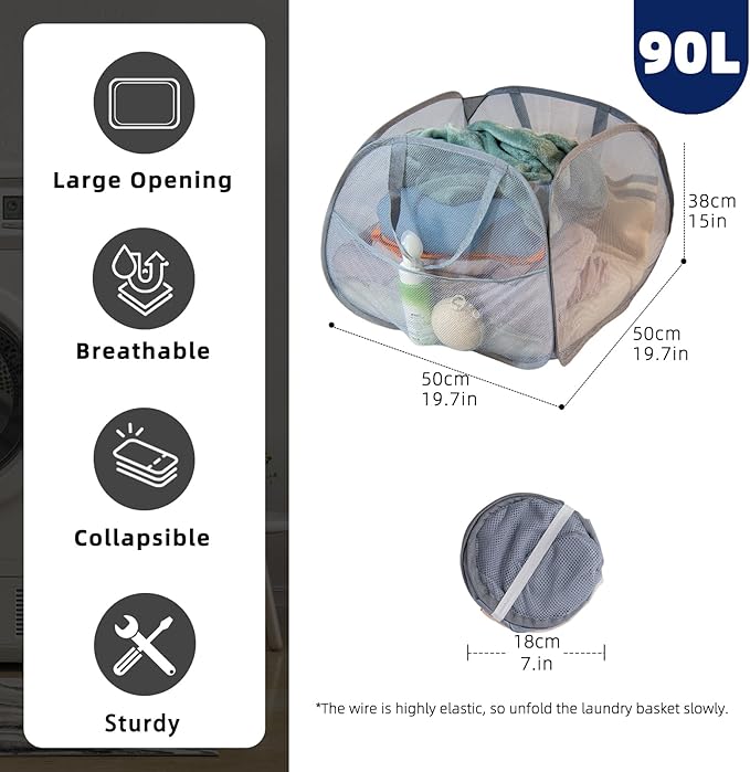 Collapsible Laundry Basket 90L, Foldable Mesh Pop-up Laundry Hamper
