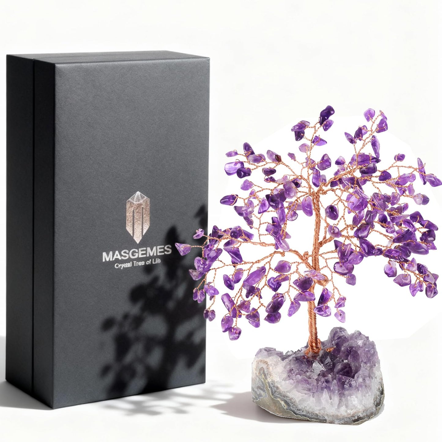 MASGEMES Handmade Chakra Gemstone Crystal Tree of Life,Natural Amethyst with Amethyst Cluster Base,Bonsai Feng Shui Decor Money Tree,Healing Crystals Positive Energy Gift Size 5.5"-6.3"