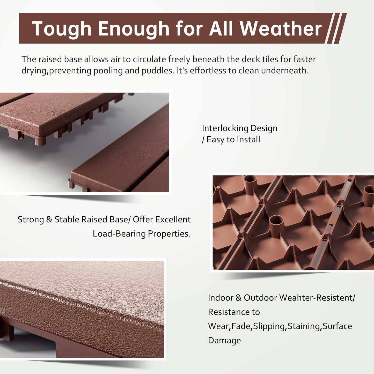 EchoDeck Interlocking Deck Tiles,54 Pack Deck Tiles Interlocking Outdoor All Weather,Patio Deck Tiles,12"x12",Woodgrain,Sturdy Base,Highly Durable,Stylish,Non-Slip,Faster-Drying,Efficient,Brown
