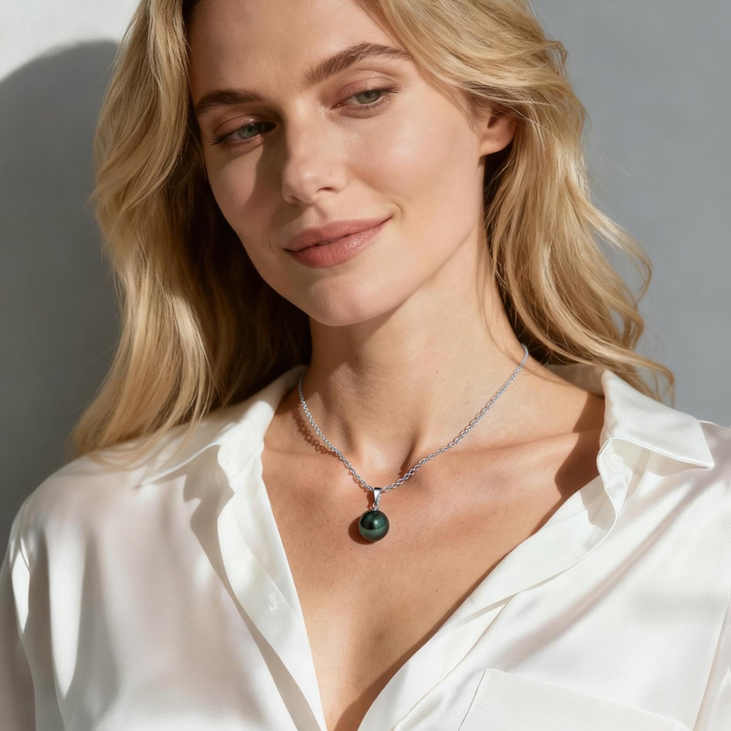 18K Solid White Gold Tahitian Black Pearl Necklace Pendant with Sterling Silver Chain, AAAAA 9-10mm Ocean-Grown Pearls - Christmas Gift for Wife Mom, Women Jewelry for Wedding Anniversary Birthday