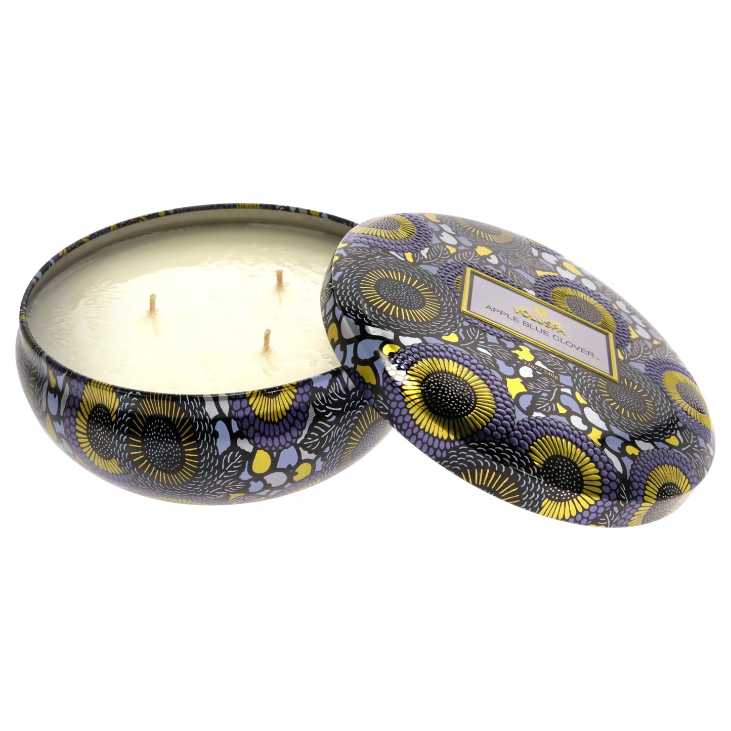 Voluspa Apple Blue Clover Candle | 3 Wick Tin | 12 Oz. | Coconut Wax for Clean Burning