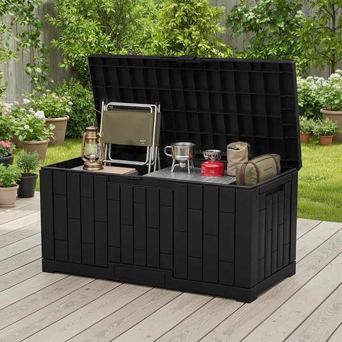 NEWBULIG 60 Gallon Deck Box, Waterproof Outdoor Storage Box with Lockable Lid, Patio Furniture Bench & Side Table, Outside Storage Container, Tool-Free Assembly, for Garden, Pool, Black