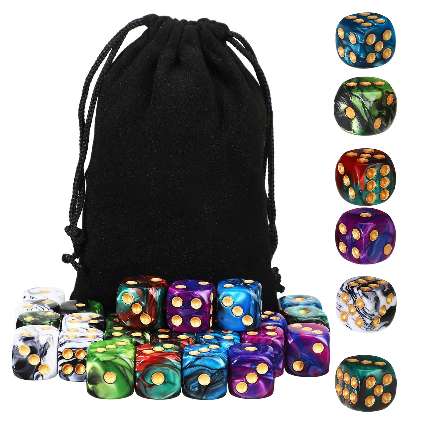 TecUnite 25 Pieces Colored Dice 6 Sided Dice Set, 6 Sided Standard Dices with Black Drawstring Storage Bag for Board Games, Parties, Math Learning, Classroom(Mix Color,6 Sides)