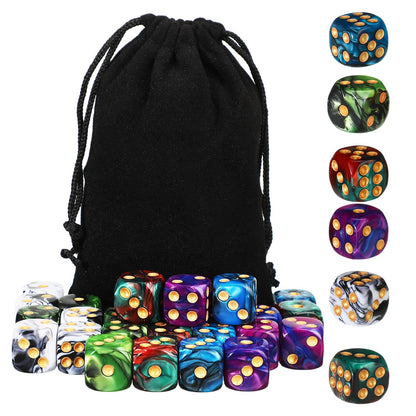 TecUnite 25 Pieces Colored Dice 6 Sided Dice Set, 6 Sided Standard Dices with Black Drawstring Storage Bag for Board Games, Parties, Math Learning, Classroom(Mix Color,6 Sides)