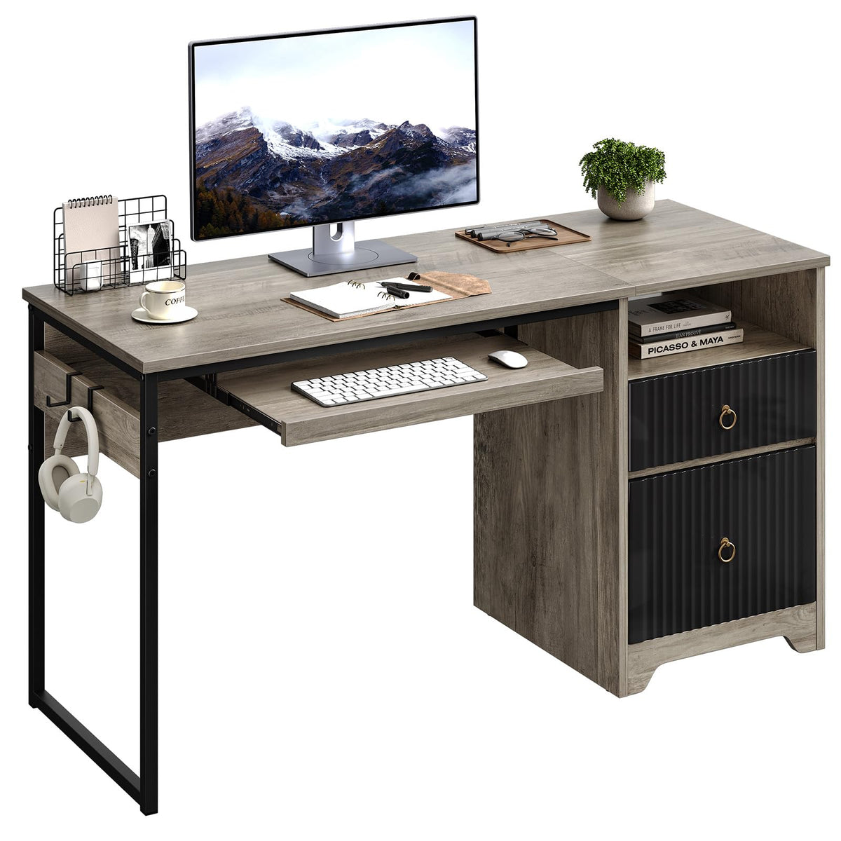 Bestier 55 Inch Computer Desk with Keyboard Tray, Modern Office Desk with Storage, Wood Writing Desk with File Drawer, Fluted Panel & 2 Hooks for Home Office & Studio, Grey