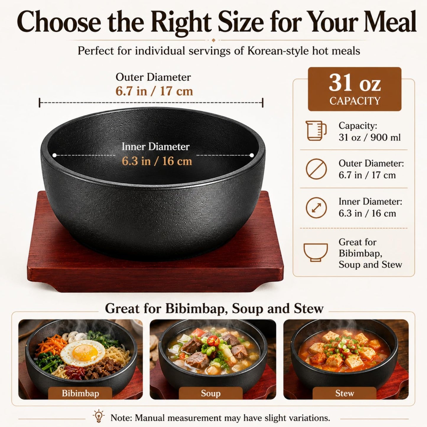 XICHENGSHIDAI Cast Iron Dolsot Bibimbap Bowl with Wooden Base, 31 oz Korean Sizzling Rice Bowl, Heat-Retaining Hot Pot Bowl for Soup, Rice, Stew and Korean Cooking