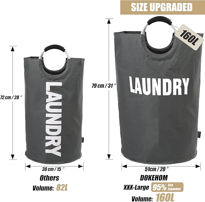 DOKEHOM 160L XX-Large Laundry Basket, Collapsible Laundry Bag, Foldable Laundry