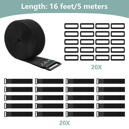 WSZJINB 1.5In x 16Ft Cinch Straps Heavy Duty With 20 Buckles, Black Nylon Hook and Loop Straps, Reusable Long Cable Ties for Organizer or Storage