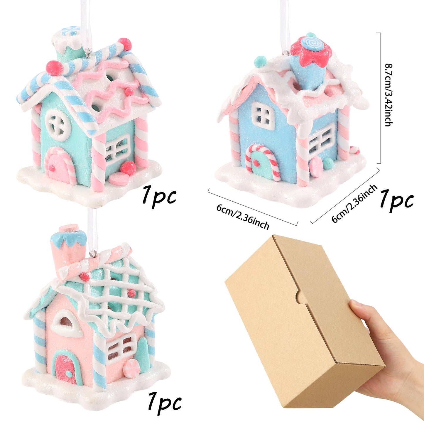3Pcs Pastel Candy House Christmas Tree Ornaments with Lighted LED, Clay Gingerbread House Hanging Ornaments with Rope for Xmas Tree Holiday Party Home Decoration