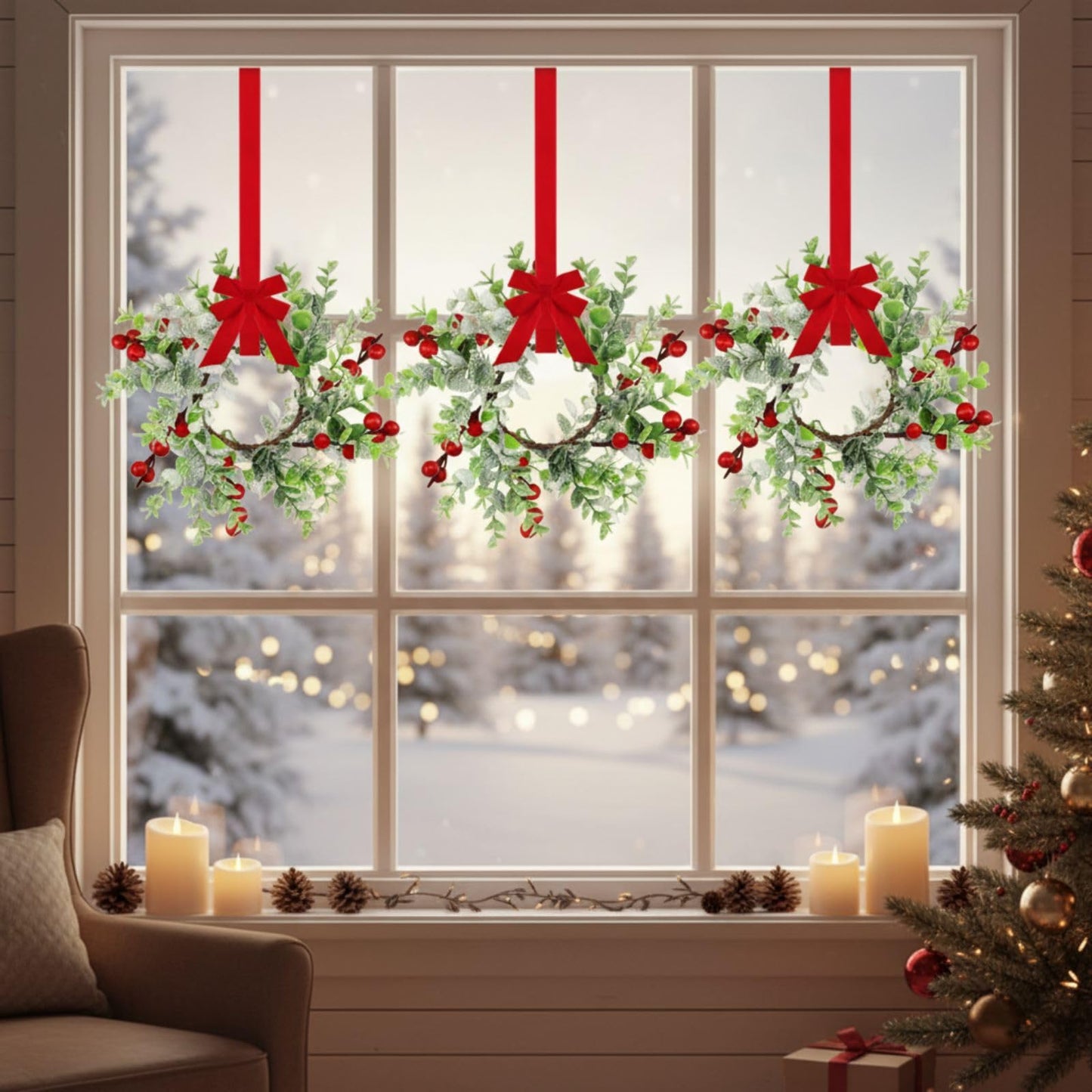 WILLBOND 4 Pieces 9.5" Mini Christmas Wreaths for Kitchen Cabinet Small Christmas Candle Rings Red Berries Wreath Pillar Candle Rings Xmas Hanging Garlands for Front Door Fireplace Window Decor