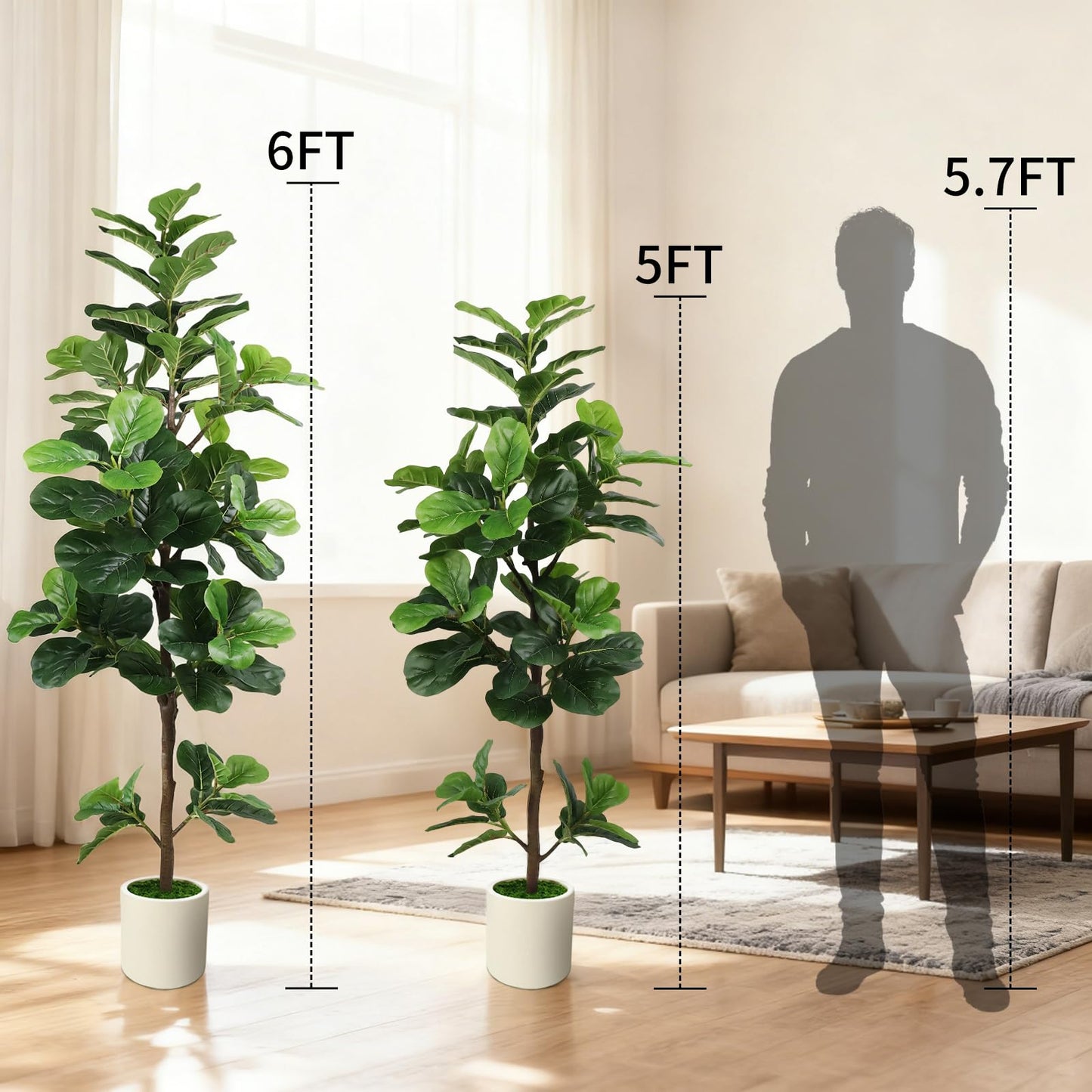 5FT Artificial Fiddle Leaf Fig Tree with White Planter & Fake Moss, Realistic Faux Ficus Lyrata Floor Plant for Indoor Home Office Decor, Housewarming Gift