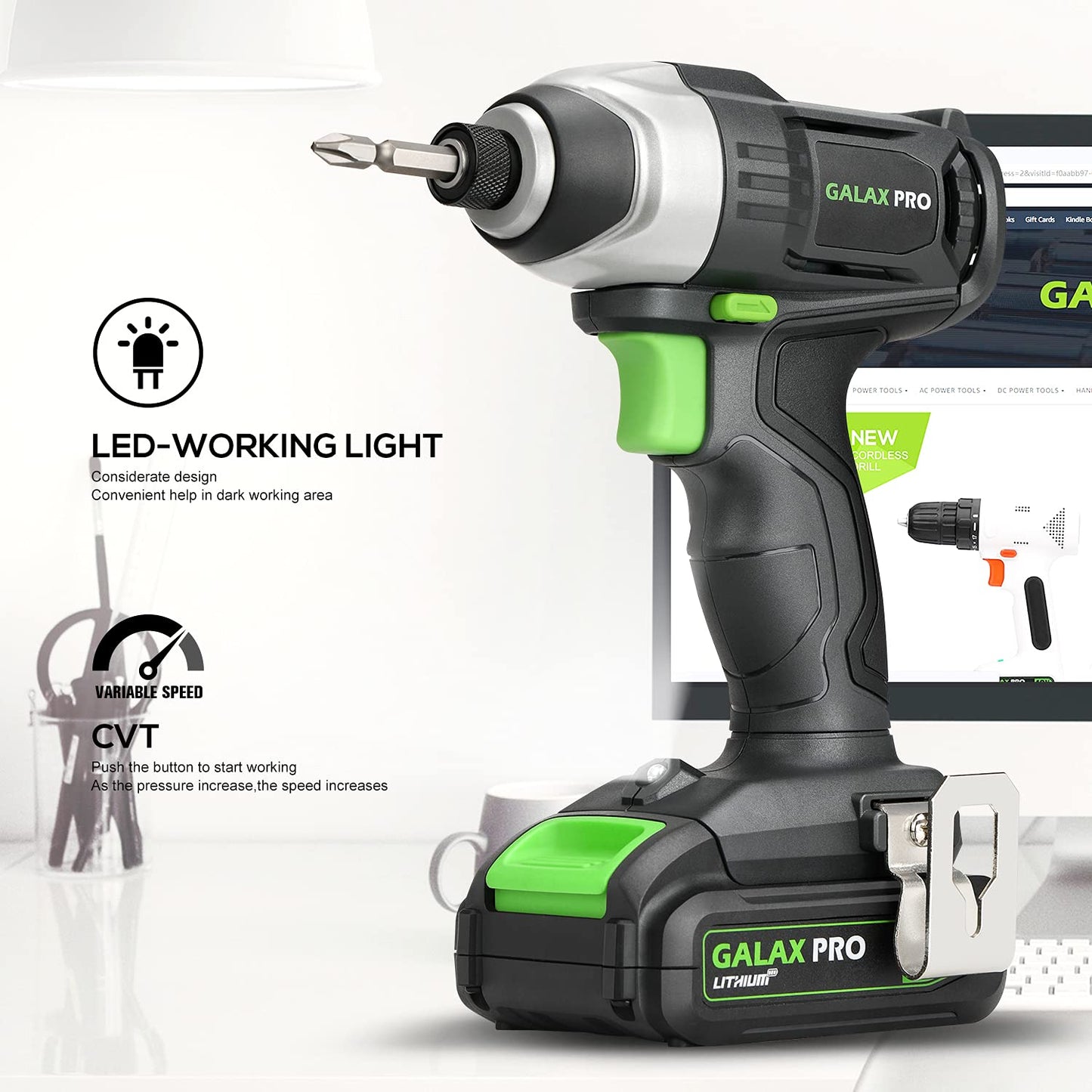 GALAX PRO Cordless Impact Driver 20V, Variable Speed (0-2800RPM),with LED Work Light, 6pcs Screwdriver Bits, 1.3Ah Battery and Charger
