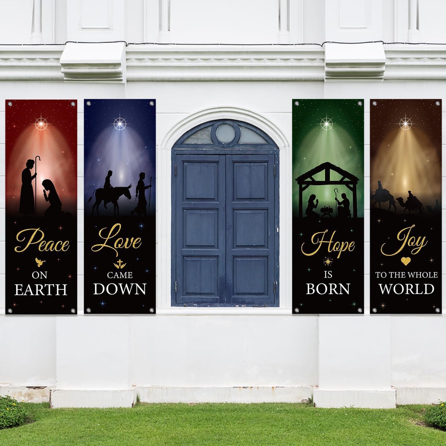 4Pcs Welcome Religious Easter Banners for Church Sanctuary Wall - Hanging Backdrop Nativity Scene Banner Scripture - Easter Porch Signs for School Nativity Decor