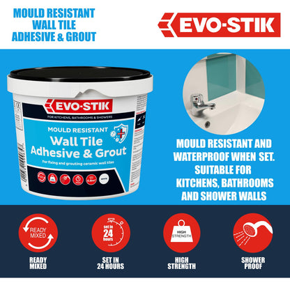 EVO-STIK Wall Tile Adhesive and Grout White 1L - Mould Resistant - Waterproof - Ready to Use
