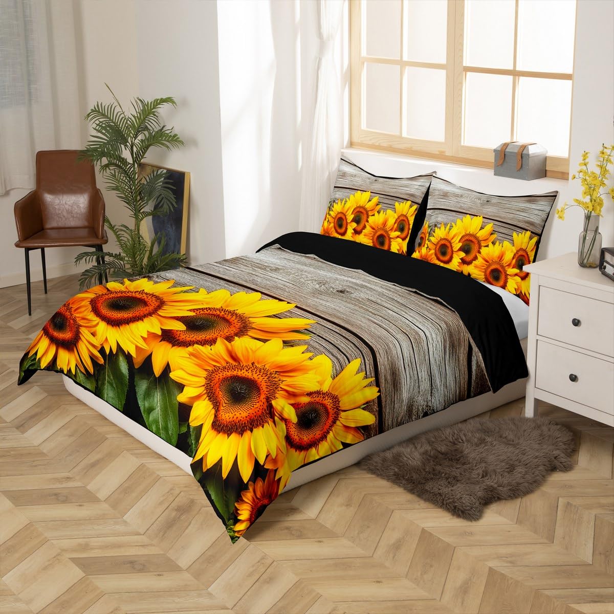 Feelyou Sunflower Duvet Cover Botanical Floral Printed Bedding Set for Kids Women Adults Yellow Blossom Flowers Comforter Cover Wooden Scenes Bedspread Cover Bedroom Collection 3Pcs Full Size