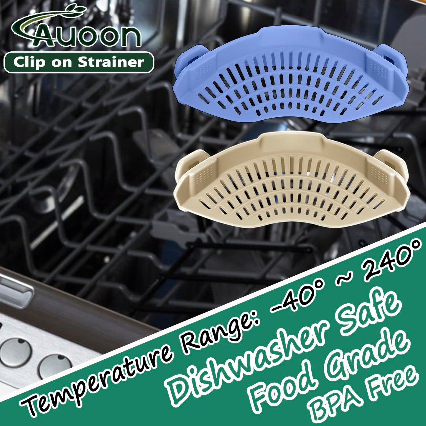 AUOON Clip On Strainer Silicone for All Pots and Pans, Pasta Strainer Clip on Food Strainer for Meat Vegetables Fruit Silicone Kitchen Colander