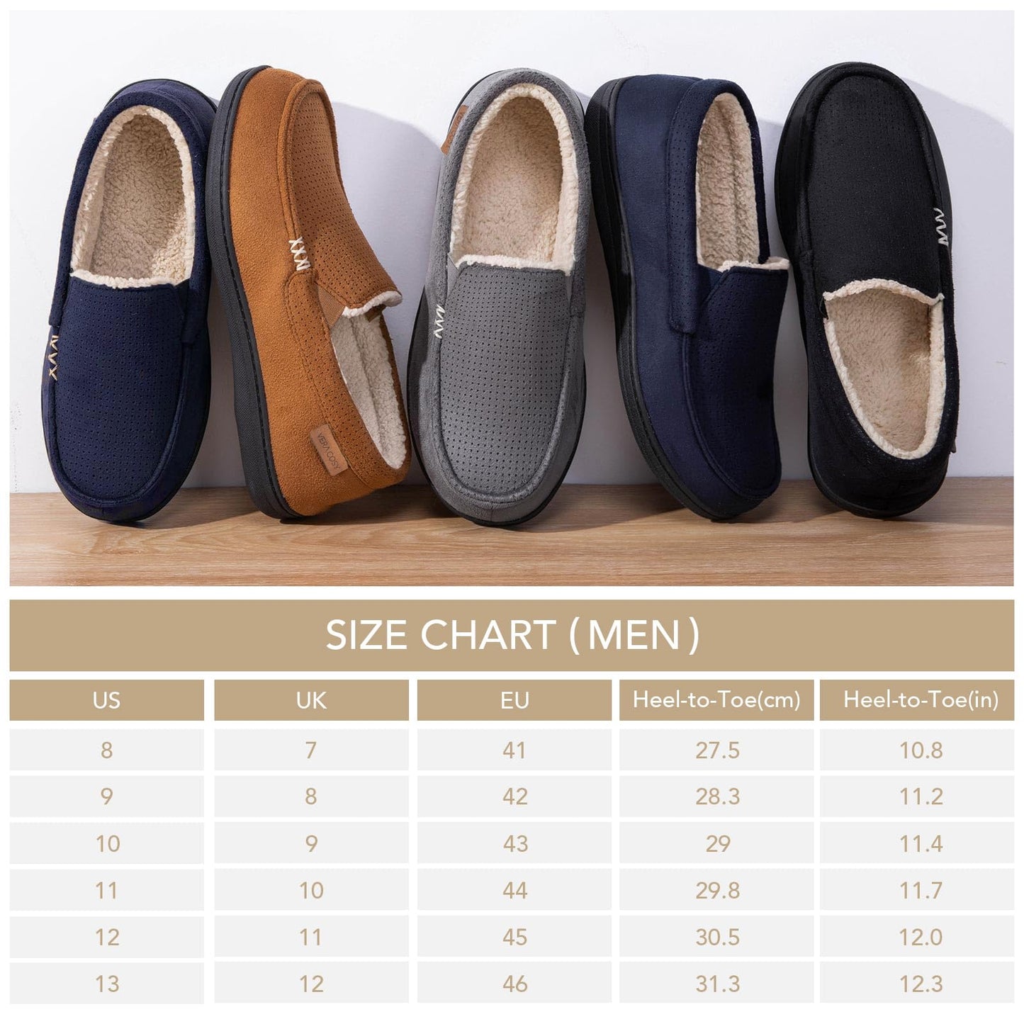 VeraCosy Men's Women's Comfy Suede Memory Foam Moccasin Slippers Warm Sherpa Lining House Shoes with Anti-Skid Rubber Sole, Black /Men, 9 UK Men/ 10 UK Women