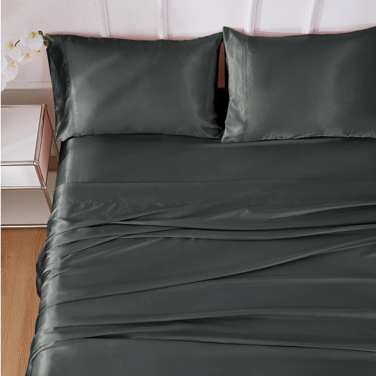 lasoftan Silk Satin Queen Sheets Set, Silky Fitted Bed Sheets with 15" Deep Pocket and Non-Slip Corner Straps, Luxury Hotel Satin Sheets Queen Size, Grey Summer Cooling Sheets & Pillowcase Set