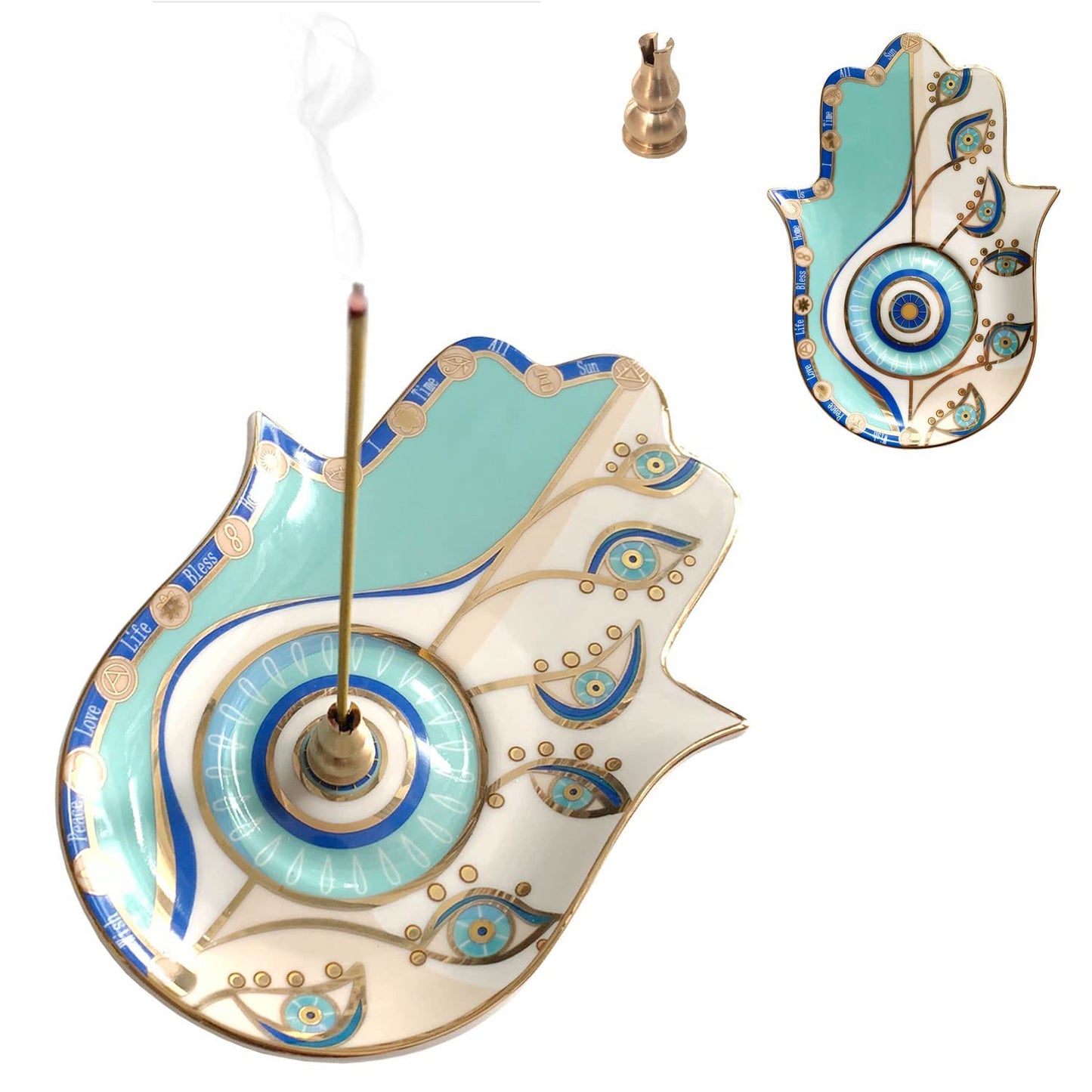 Ceramic Hamsa Hand Incense Holder - 2 in 1 Brass Incense Holder for Sticks and Coil Incense- Zen Decor with Hand of Fatima Design Protection from Evil - 6.2" L X 4.5" W (Blue)