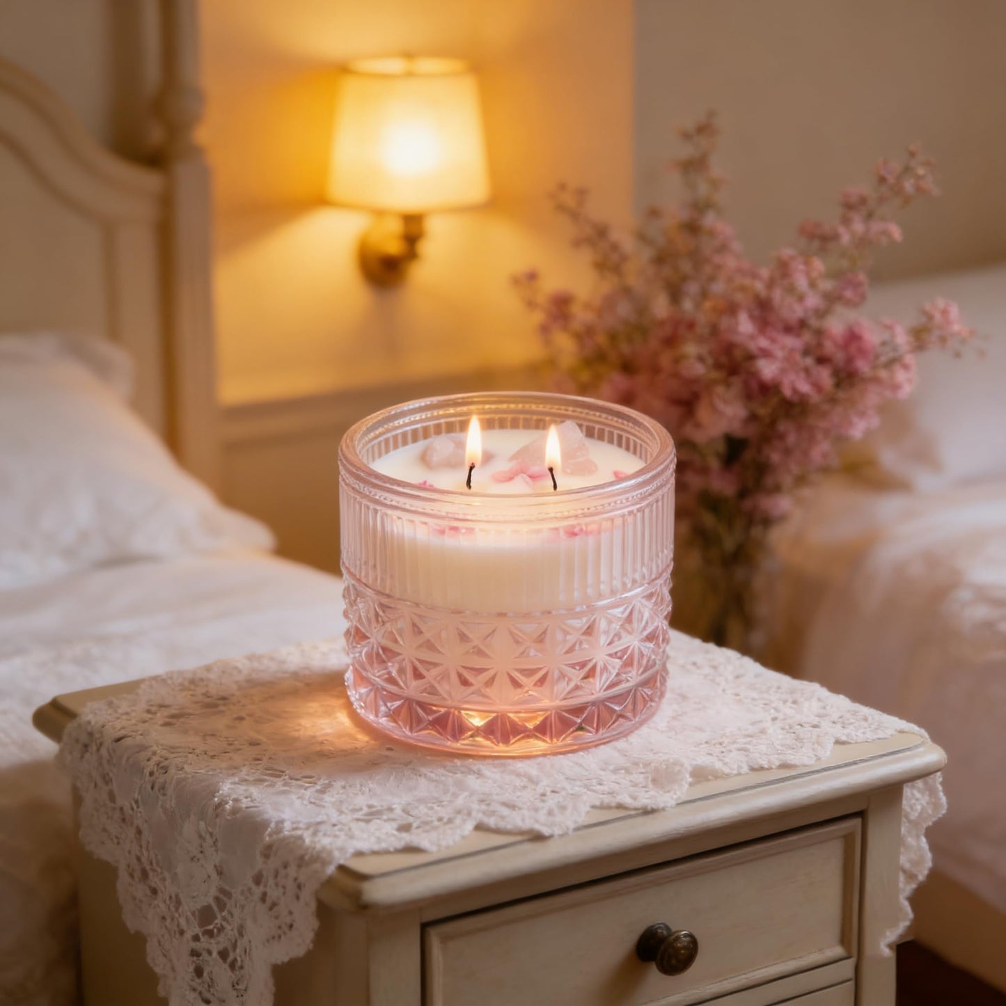 Chloefu LAN Pink Crystal Candles Champagne Bubbles Candle for Home Scented, Non-Toxic, Unique Meditation Spiritual Gifts, 14 oz, Valentines Day Gifts for Mom Friends Wife Sister Stocking Stuffers