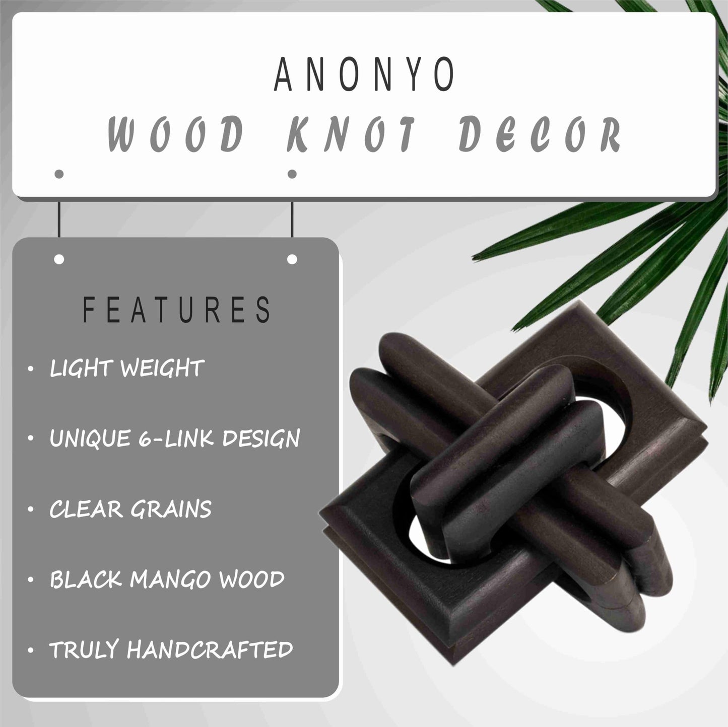 ANONYO Boho Wooden Chain Links Decorative Object for Coffee Table & Shelf | Handmade Mango Wood Knot Sculpture | Rustic Modern Arch Décor for Living Room, Entryway, Console,Office Home Accent (Black)