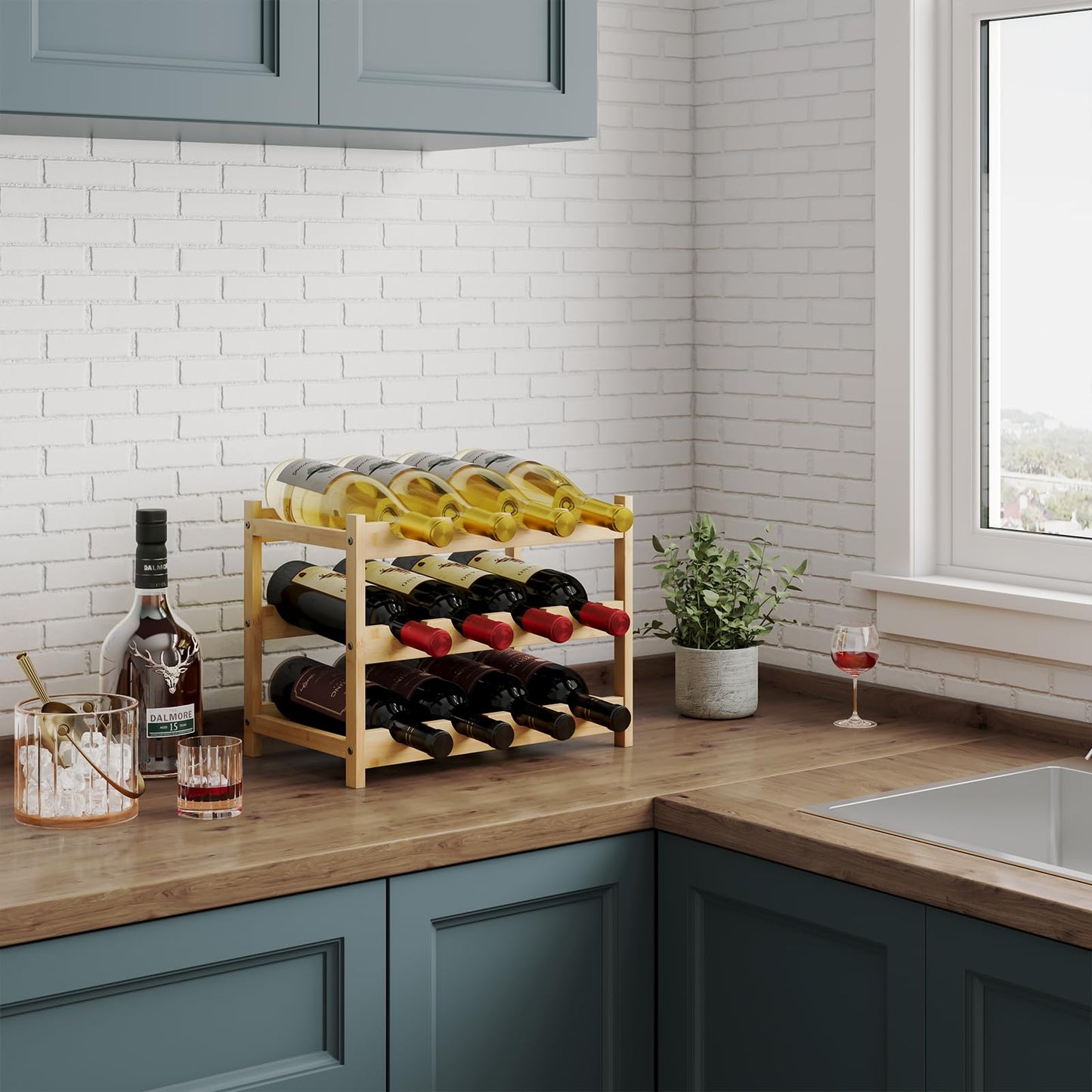 Dripex Bamboo Wine Rack, 12 Bottles Wine Holder Storage Shelf, 3-tire Small Freestanding Bottle Wine Rack for Countertop, Kitchen, Bar, Cellar (40 x 22 x 32 cm)