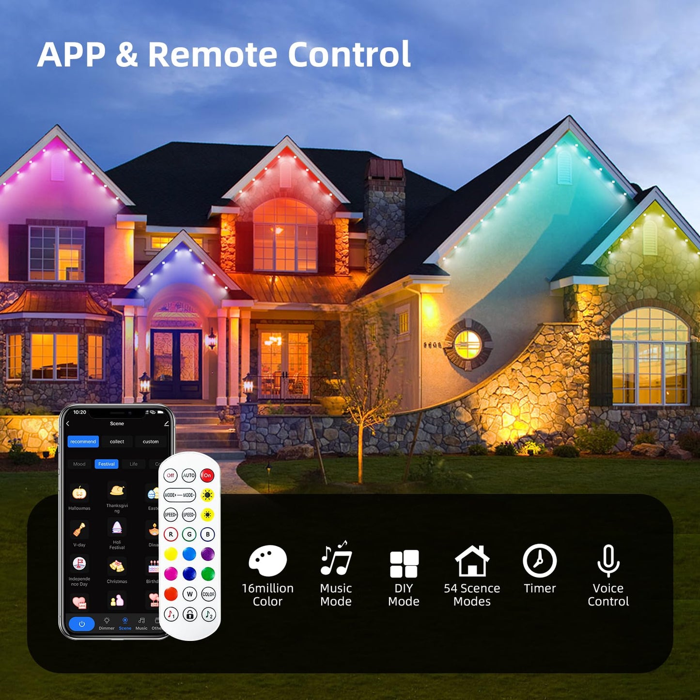 Permanent Outdoor Lights, 50ft Smart RGB Outdoor Light, 36 LED Eaves Lights with 54 Scene Mode, IP67 Waterproof for Halloween, Christmas, New Year, Holidays, Daily Lighting, APP Voice Remote Control