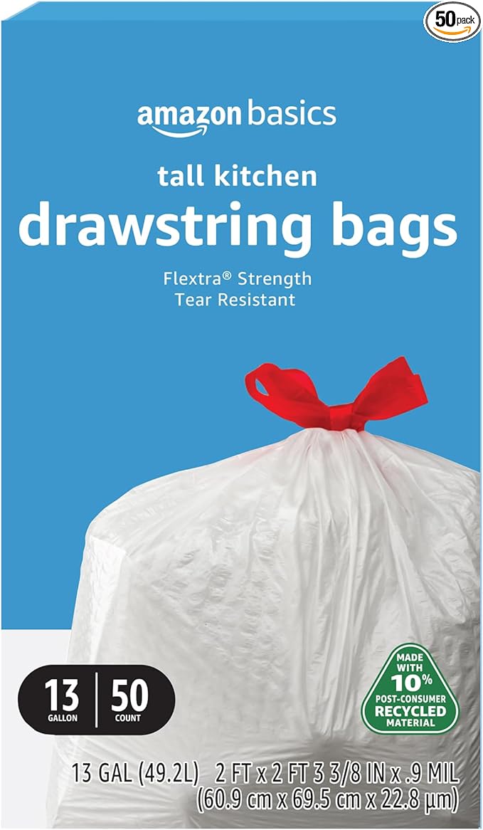 Amazon Basics 13 Gallon Tall Kitchen Drawstring Trash Bags, Flextra Strength