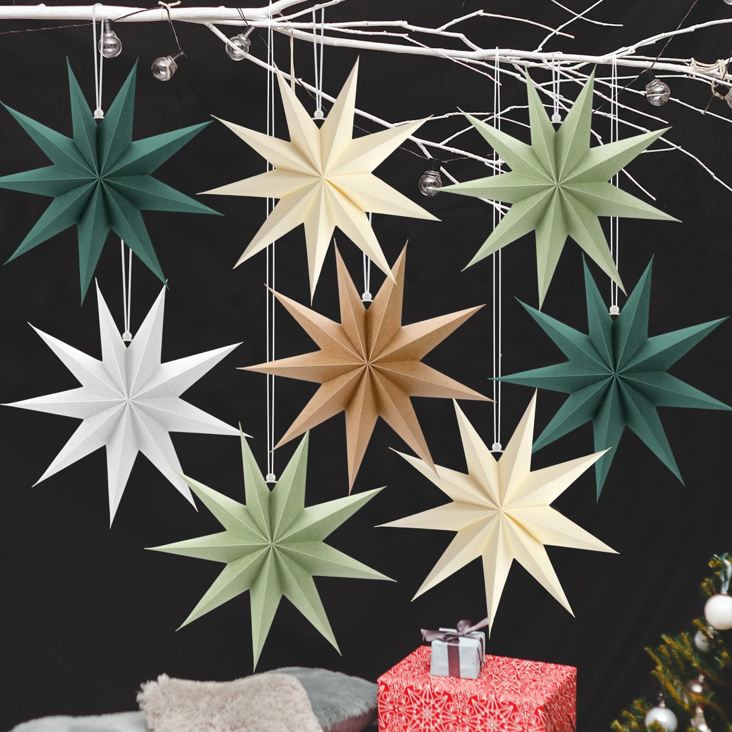 8 Pack Sage Green 9-Pointed Paper Star Lantern Christmas Hanging Paper Lampshade Christmas 12 inch Star Pendant for Xmas New Year Wedding Holiday Birthday Birthday Party Home Decoration