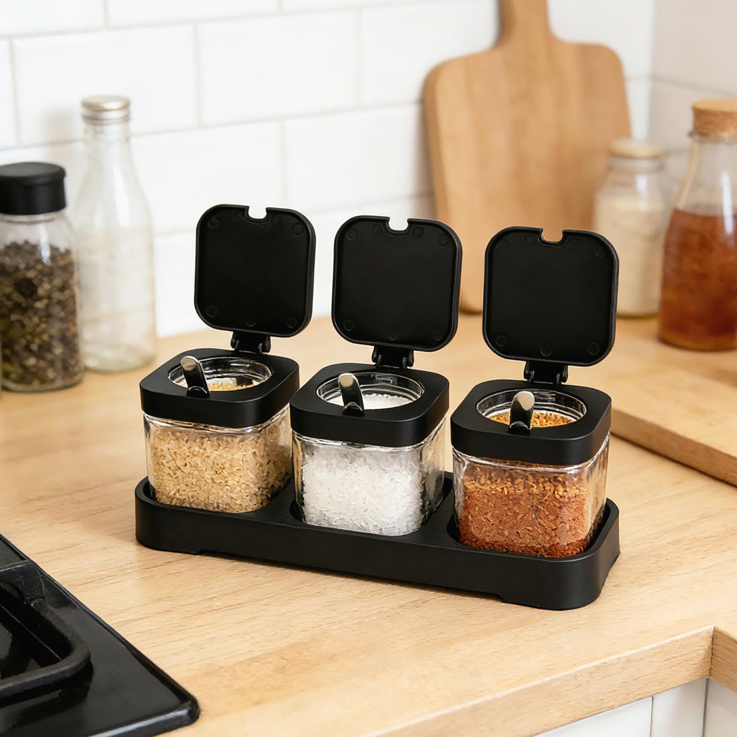 JBESUHI Set of 3 Black 8.6oz Clear Glass Condiment Jars with Lids & Spoons - Spice Canisters, Salt & Sugar Bowls for Kitchen Seasoning Storage