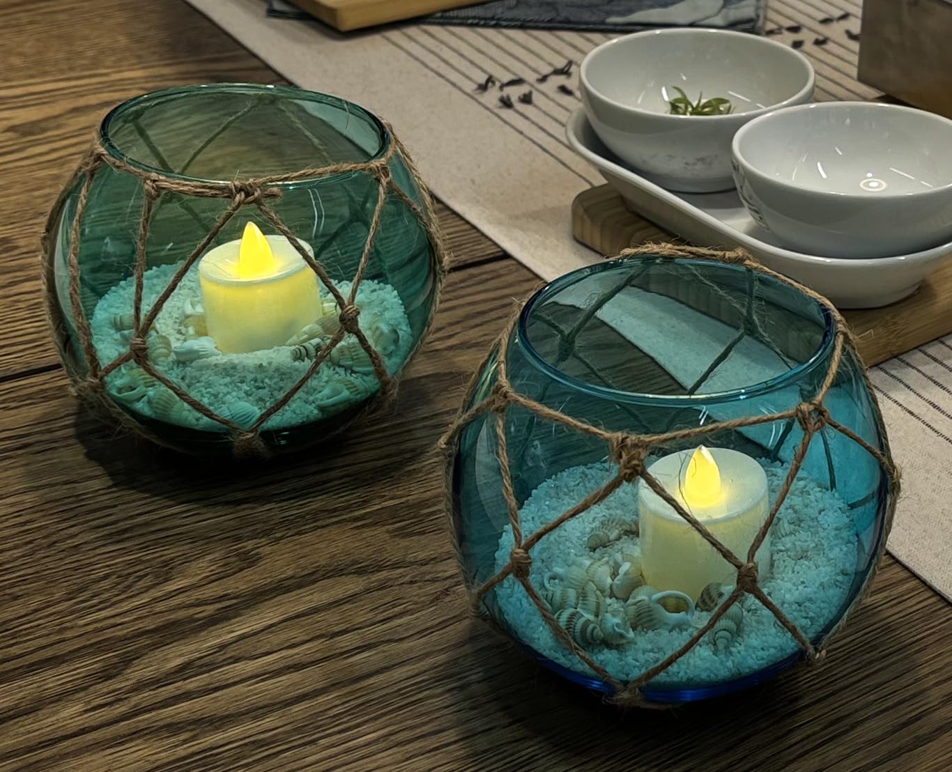 SAILINGSTORY Glass Fishing Float Tealight Candle Holder Nautical Coastal Beach Decor Teal and Blue Set of 2 Pack