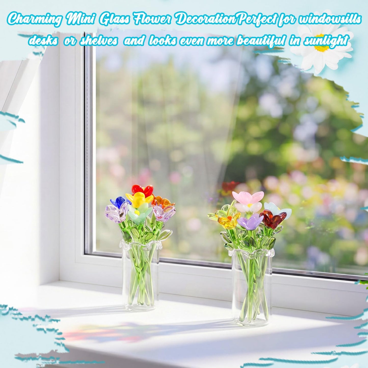 Fiwochic 14 Pcs Miniature Glass Flower Leave and 2 Pcs Vase Set Small Mini Glass Birth Month Flower with Stems Crystal Wildflower Bouquet for Women Mom Mother's Day Office Home Table Centerpiece