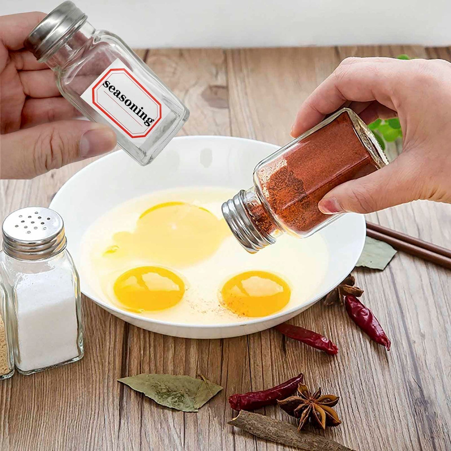 QISF 24 Pack Glass Salt and Pepper Shaker Set with Brush and Foldable Funnel, 1.75" x 3.75" Clear Spice bottle for Kitchen, Restaurants, Catering