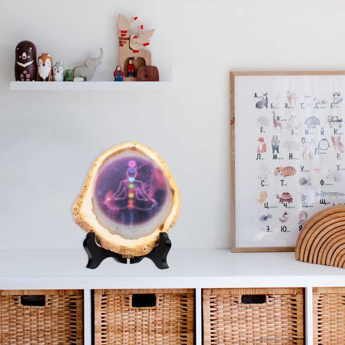 Nupuyai 7 Chakra Healing Agate Slice Yoga Prints with Wooden Stand Irregular Crystal Geode Agate Stone Art Decor for Home Office Tabletop, Purple