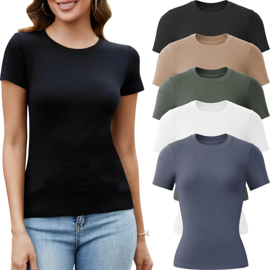 TYCTOS 5 Pack Crew Neck T Shirts for Women Daily Casual Womens Fitted Tshirt Basic Tops for Women Stretchy Womens Tees 5 Pack: Dark Blue&Olive Green&Black&White&Nude Large