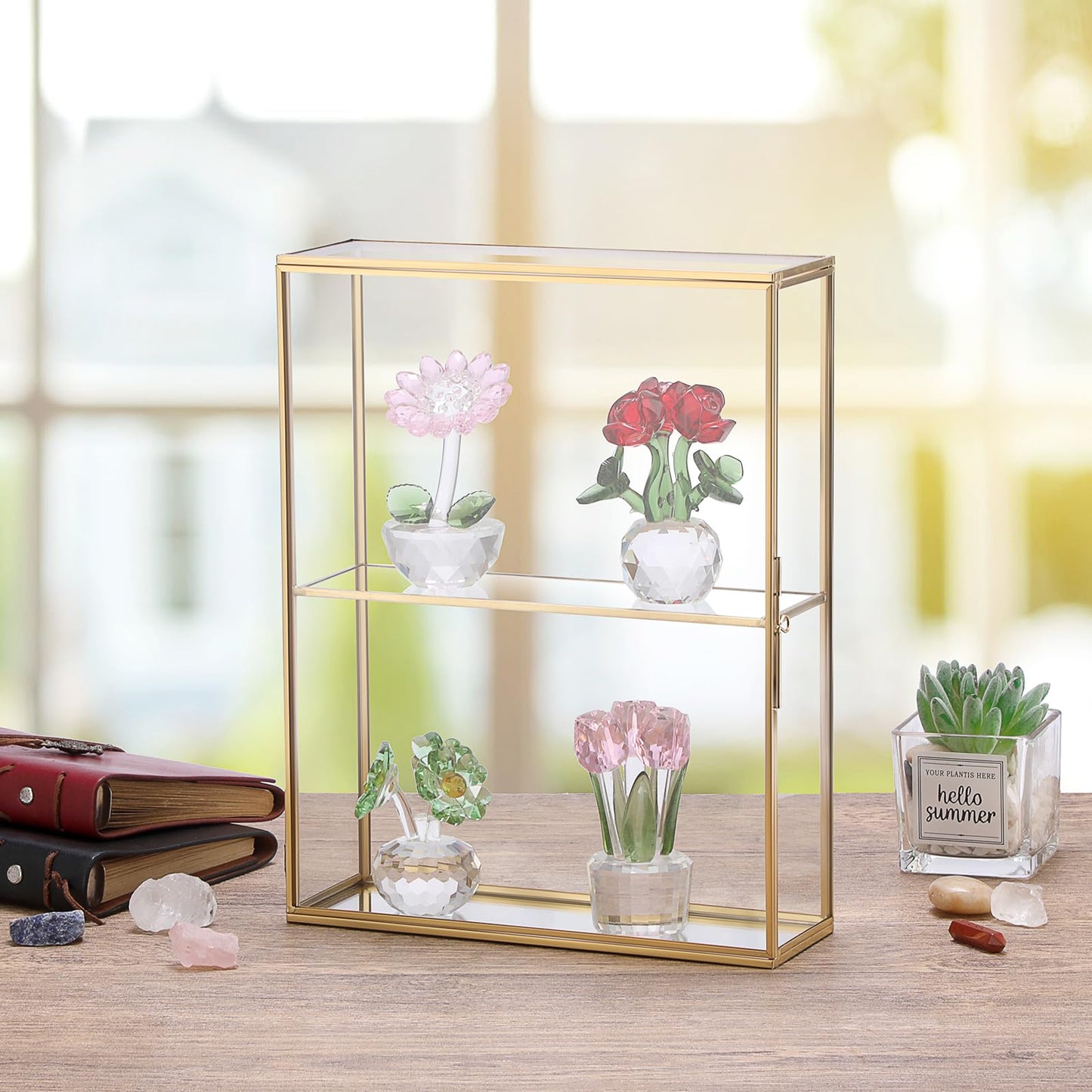 JUXYES 2 Tiers Tabletop Glass Small Figurine Display Case for Collectibles with Latch Door, Modern Clear Hobby Display Case Box with Mirror Bottom, Gold Dust Proof Case for Figurines Trinket Crystal
