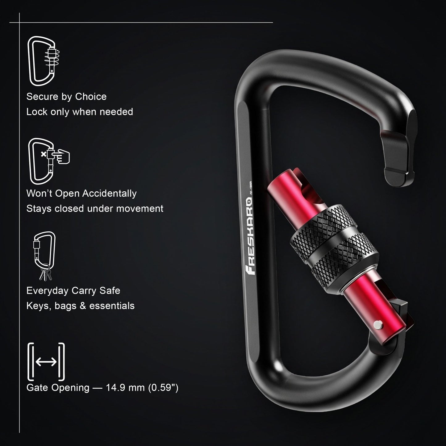 FresKaro Carabiner Clip, Locking and Small, Heavy Duty Carbineers, Key and Keychain Clips, Black Karabiner 3inch, Aluminum, D-Ring, for Belt, Hammock, Weight Bearing, Hiking, Dog Crate, 2Pack