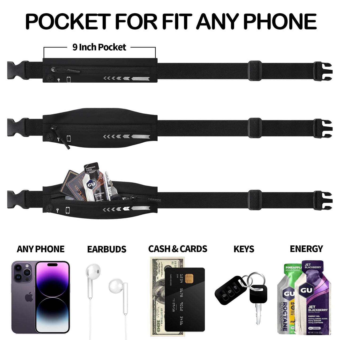USHAKE Slim Running Belt for Women Men-Runners Phone Holder Fanny Pack, Adjustable, Bounce Free Waist Pouch bag for Workout, Money Belt, Run Gear Accessories Black