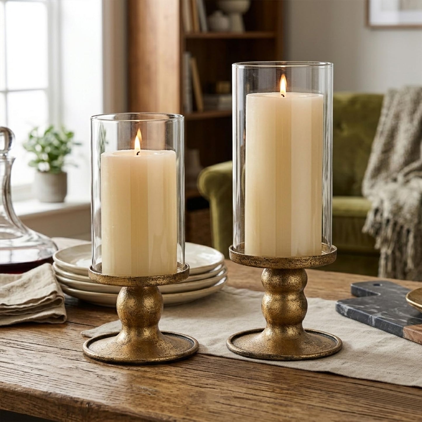NITIME 2pcs Hurricane Candle Holder for Pillar Candles, Antique Brass Iron Candle Holders with Clear Glass Sleeve for Table Centerpieces, Pillar Candle Holders for Home, Wedding Decor