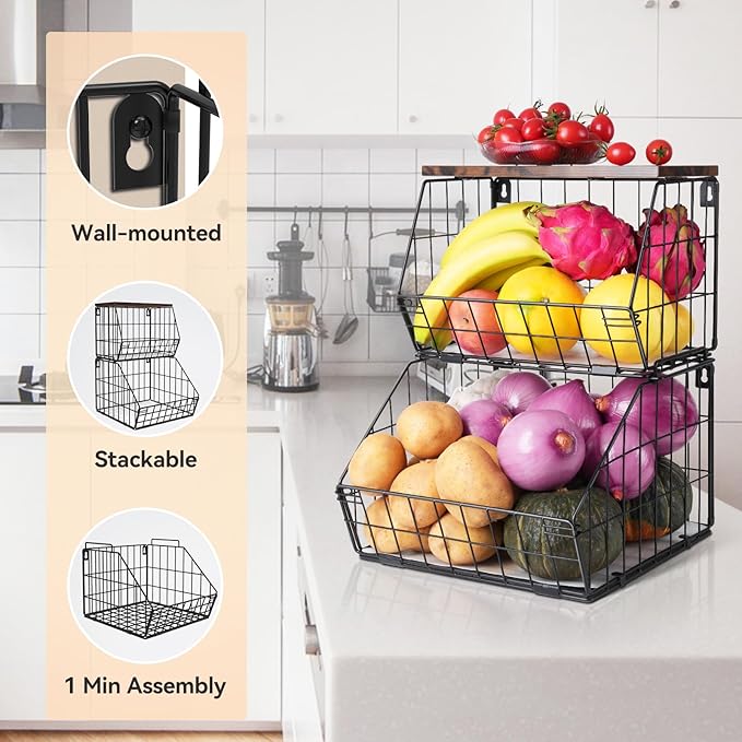 2 Tier Stackable Wall Mounted Hanging Basket, Fruit Basket
