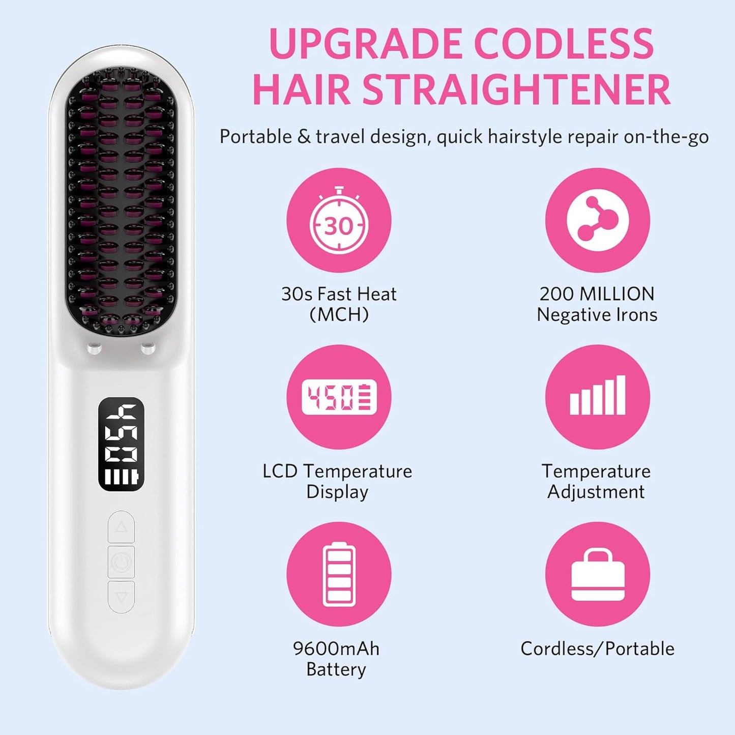 Cordless Hair Straightener Brush, Portable Mini Hair Straightening Brush for Travel, Rechargeable 9600 mAh USB-C, Lightweight Anti-Scald Heated Styling Tools & Appliances
