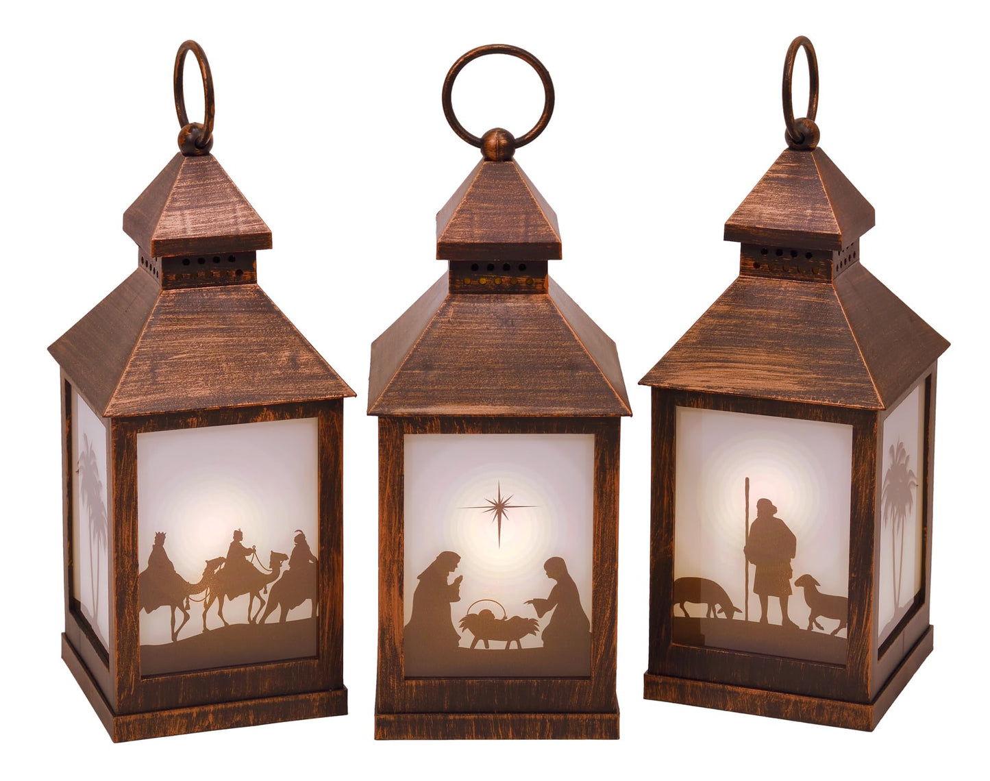 Antique Bronze Inspirational Silhouette Nativity Scene LED Flameless Holiday Candle Lanterns, Set of 3, 9.5 Inch