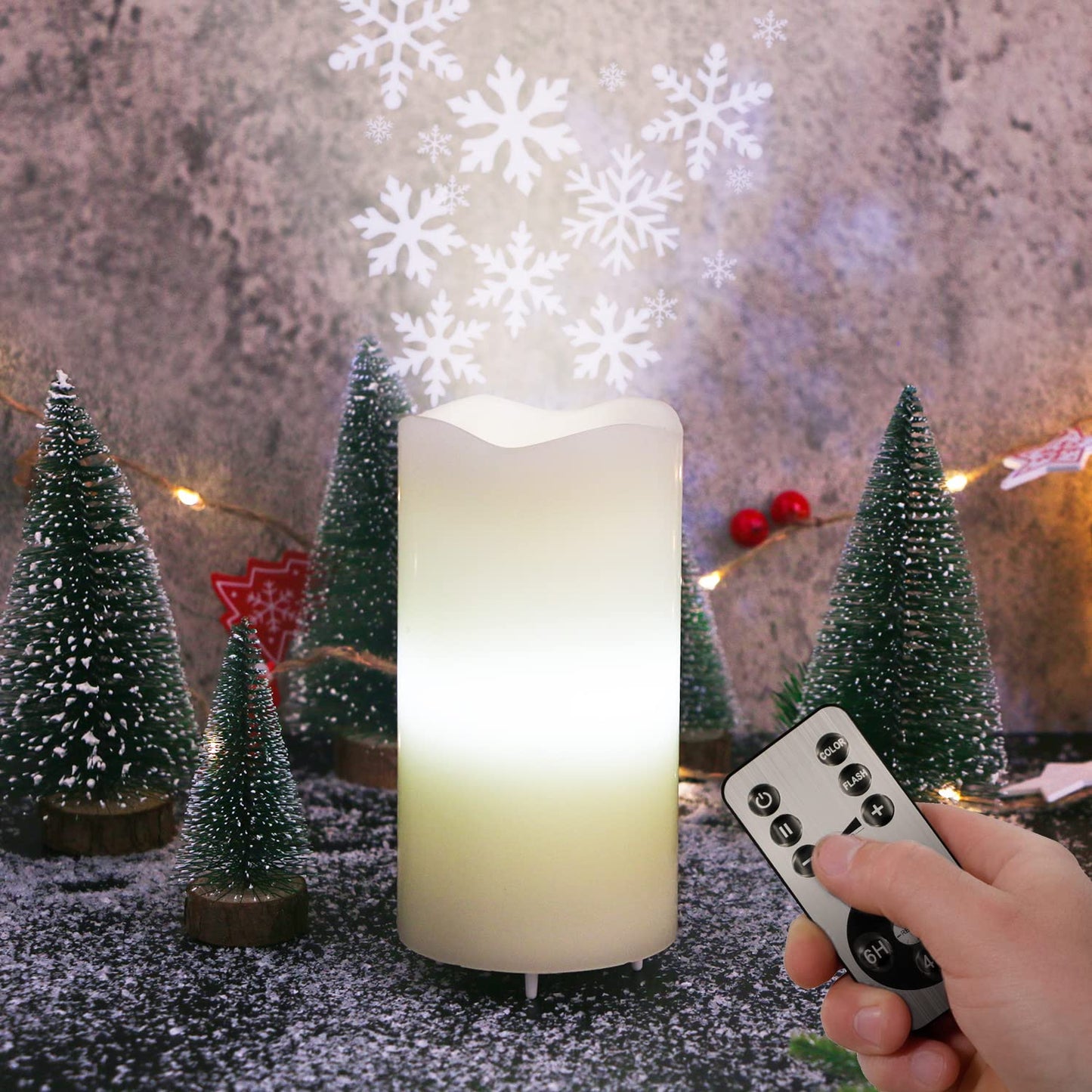 XingsLight Christmas Decorations Flameless Candles with Snowflake Projector Lights Battery Operated LED Candle Indoor Xmas Light Projection with Remote and Timer
