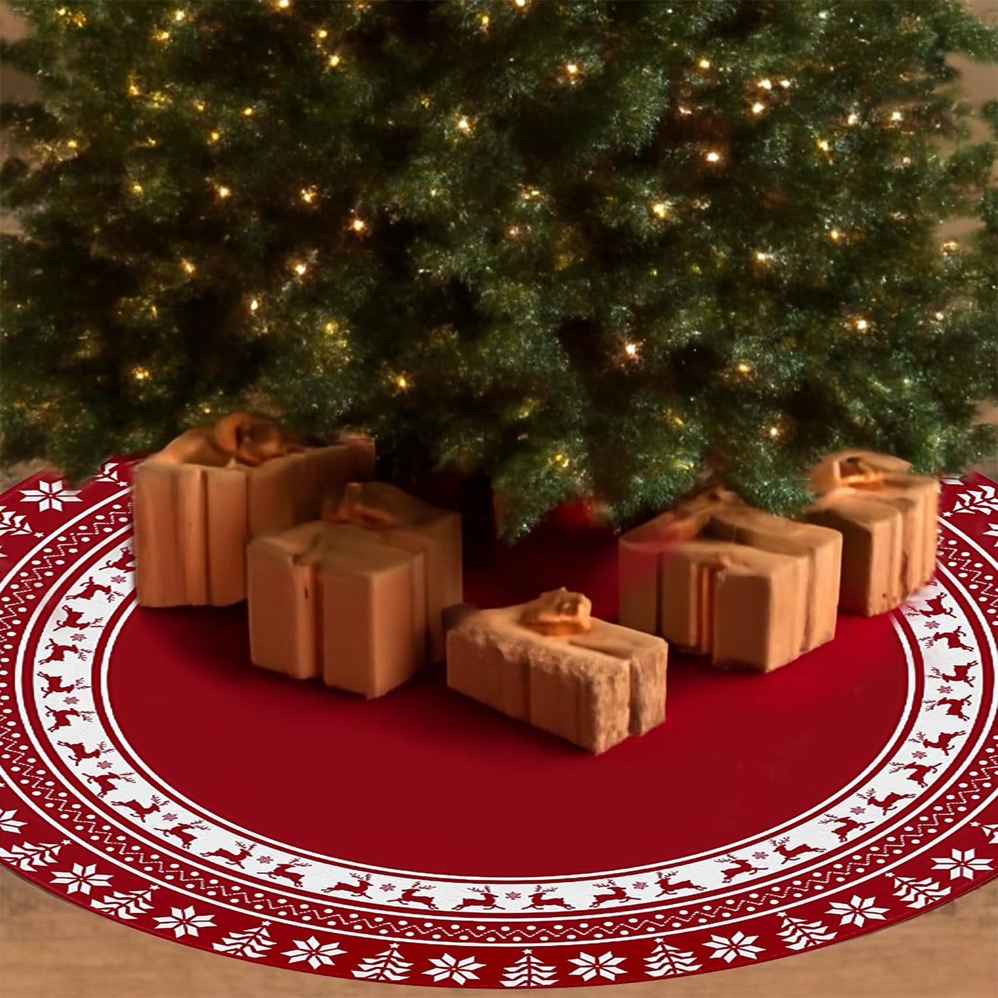 Lizuart Christmas Tree Skirt 48 Inches | Red Xmas Tree Skirt with Rustic Snowflake & Reindeer Pattern, Fits 5 to 7 Foot Trees, Perfect Christmas Decorations for Holiday Trees.